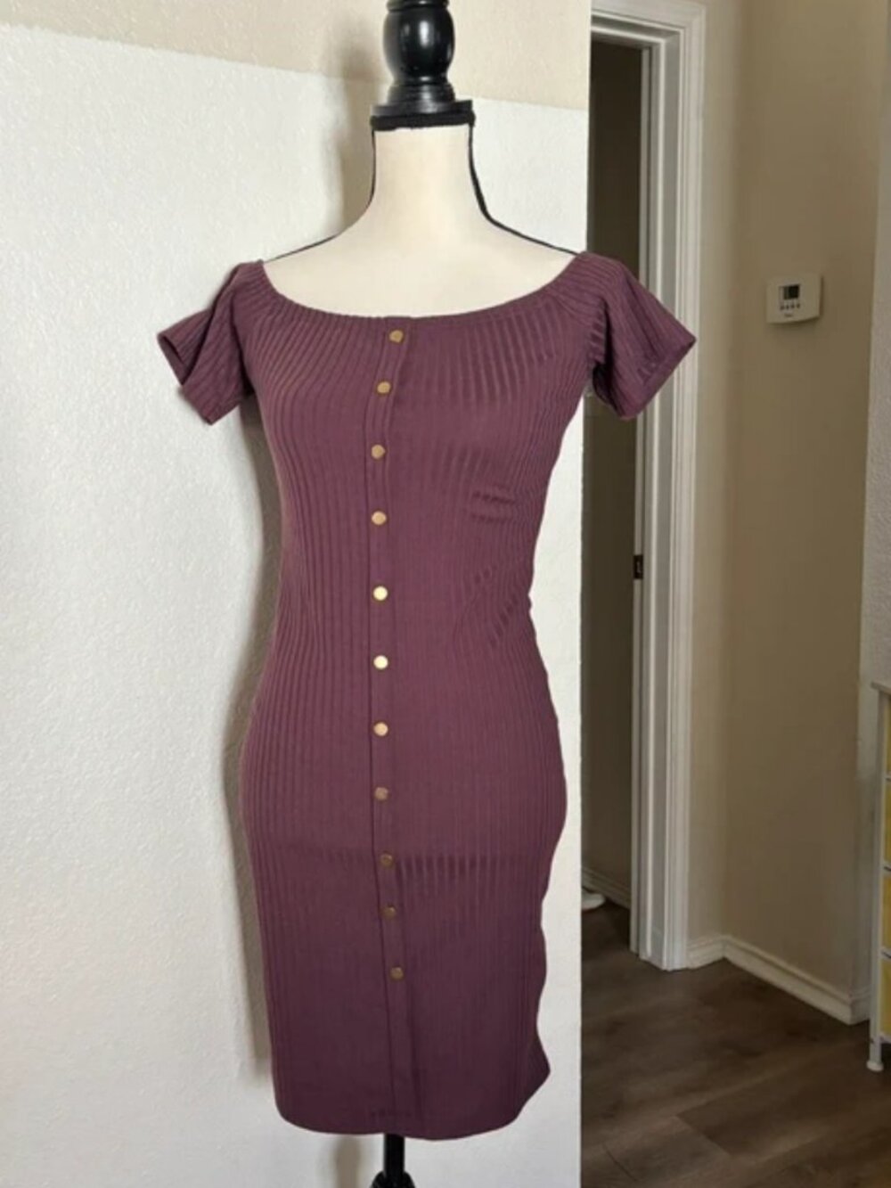 Say What? Purple ribbed knit midi dress with gold buttons and short sleeves wome